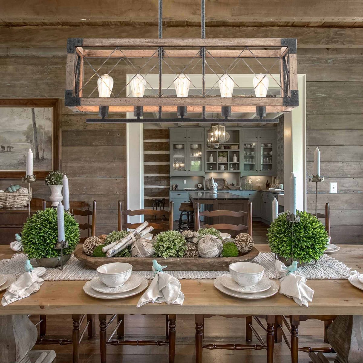 5-Light Farmhouse Rectangular Chandelier Wood Distressed Chalk