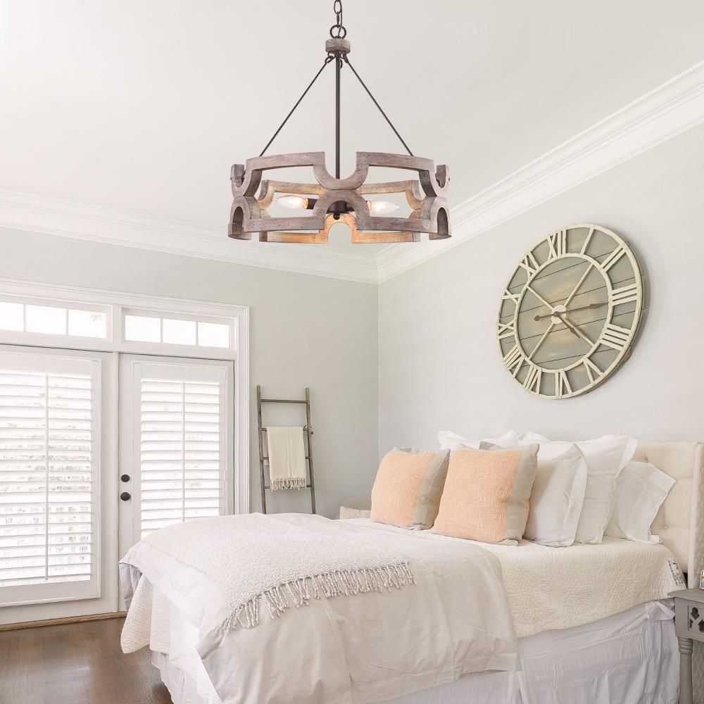 Chandelier-Rustic Wood Drum Pendant Light