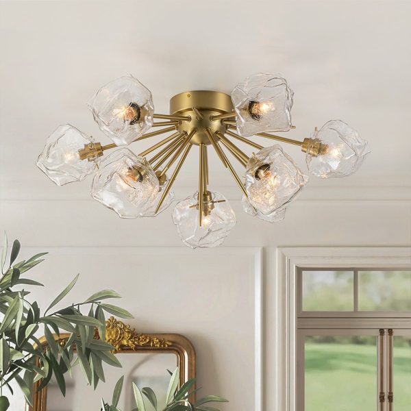 Brass 9-Light Ice Glass Shade Sputnik Ceiling Light